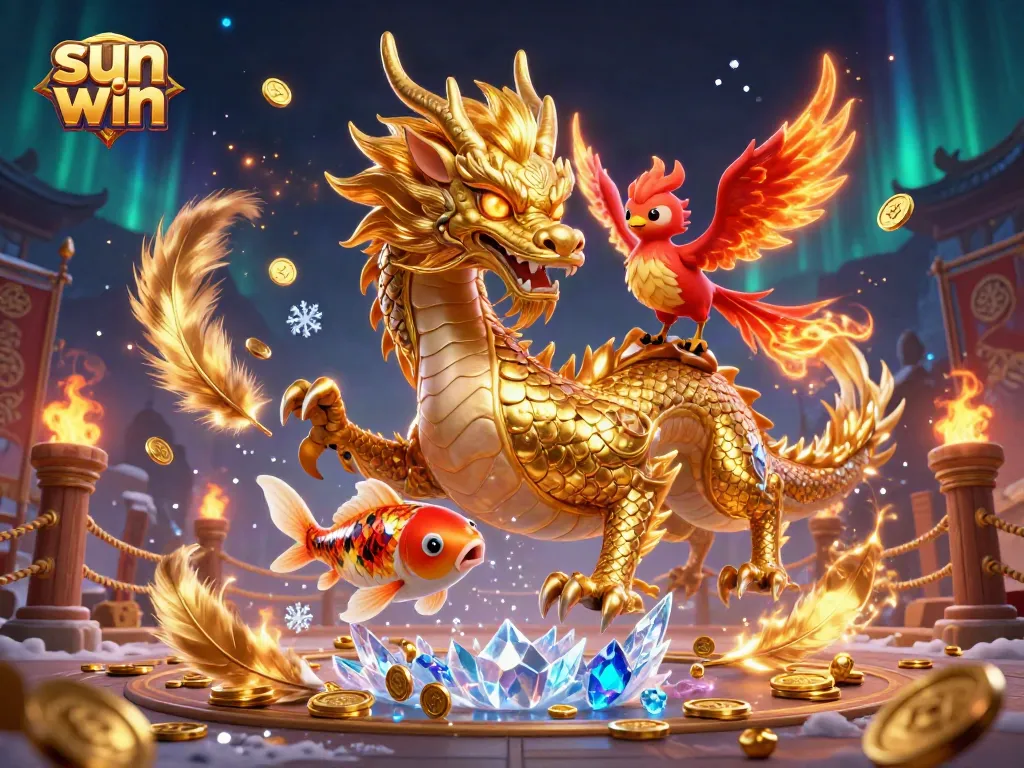 Sun win showcases a golden dragon and phoenix in a vibrant 3D casino atmosphere, amidst swirling coins.