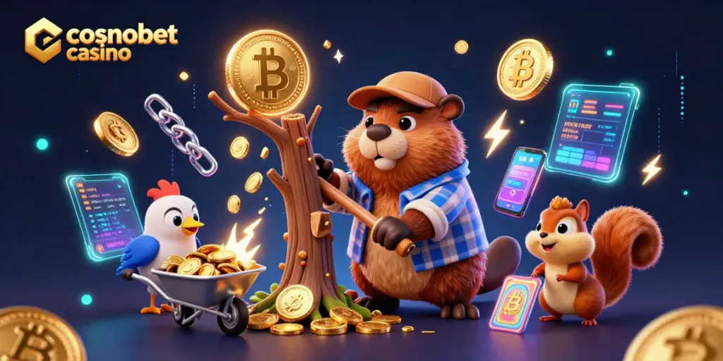 Experience the thrill at Cosmobet Casino with lively 3D cartoon characters and vibrant crypto elements.