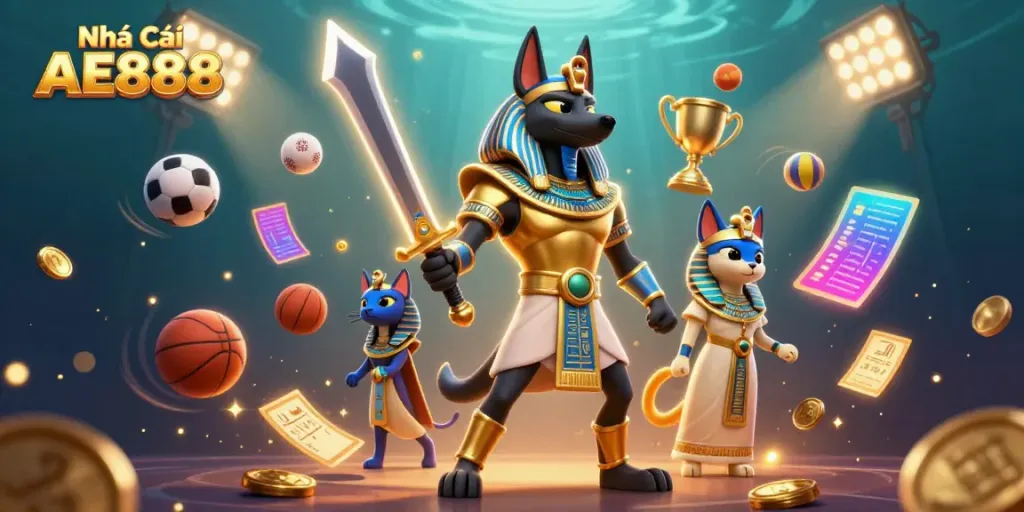 Engage in exhilarating gameplay with Nhà Cái AE888's dynamic 3D casino scene featuring Anubis and Bastet.