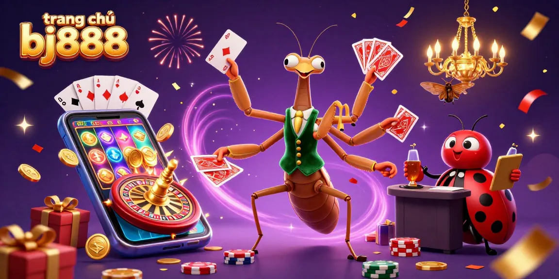Engage in thrilling gameplay at trang chủ bj888 with a vibrant scene of a giant praying mantis card sharp and ladybug pit boss