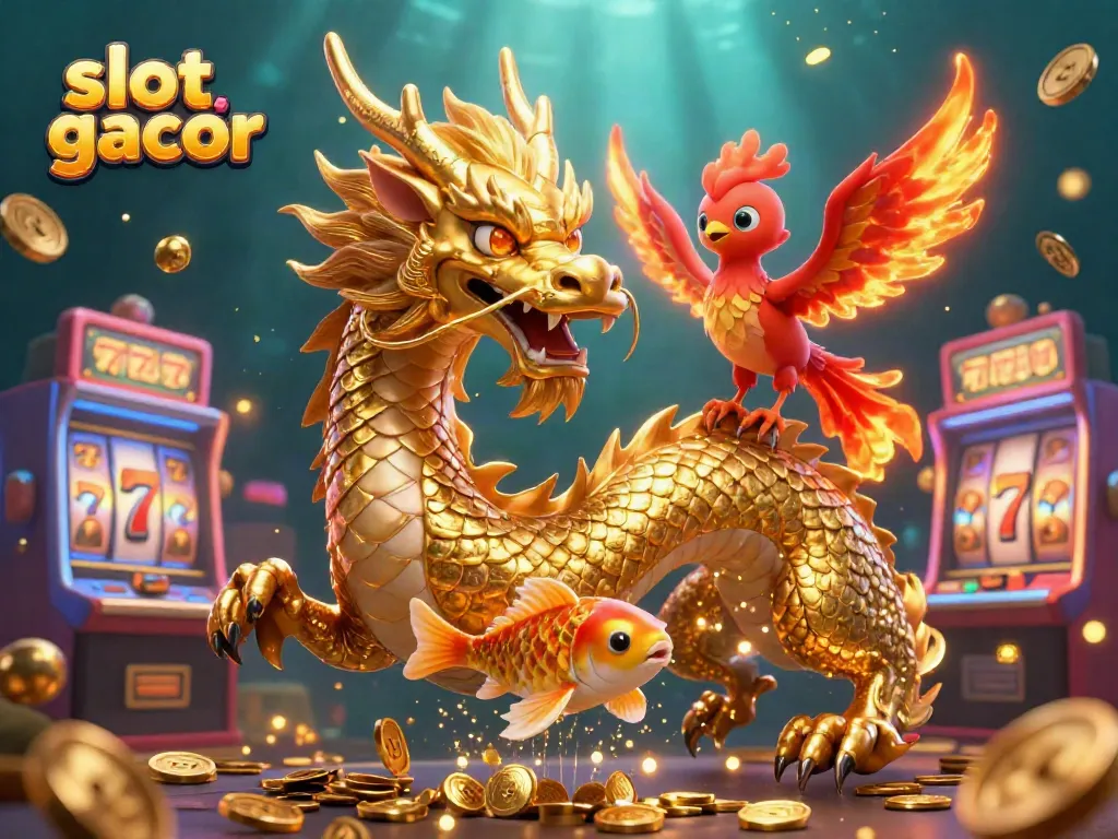 Engage with slot gacor slots featuring golden dragon and phoenix amidst a dynamic casino scene.