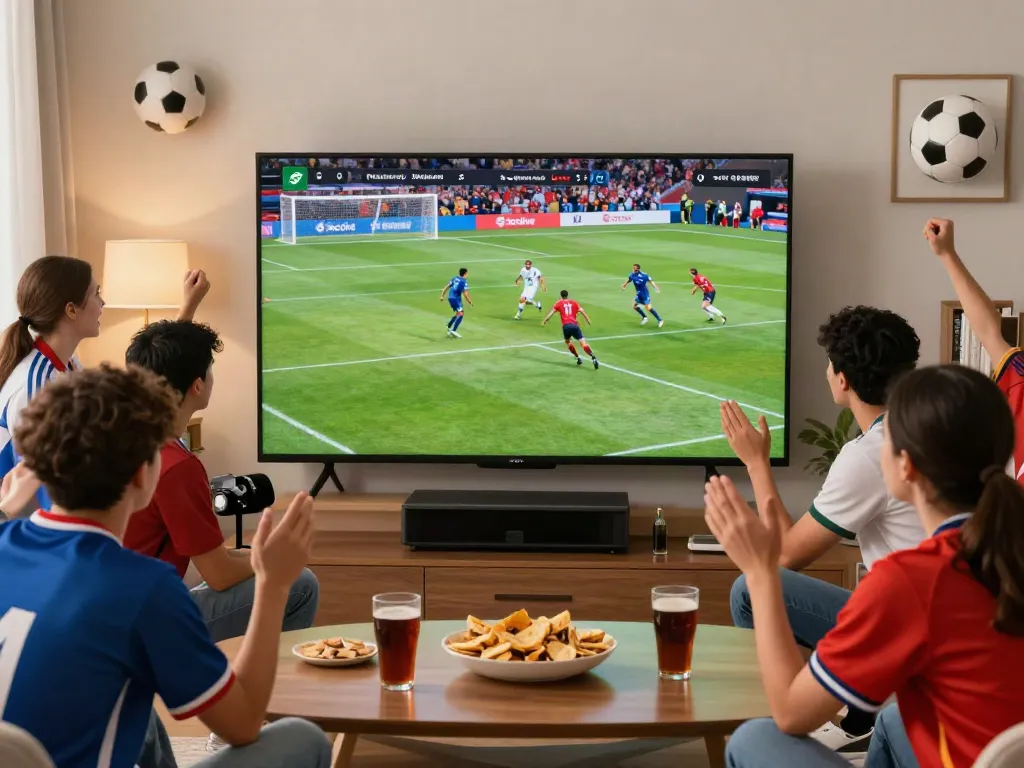 Excited fans enjoying a live football match on Socolive with snacks.