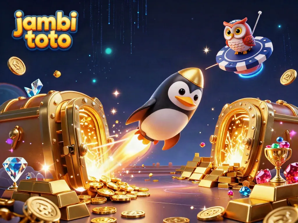 Experience the thrill of jambi toto as a golden penguin navigates a casino space station with treasure.