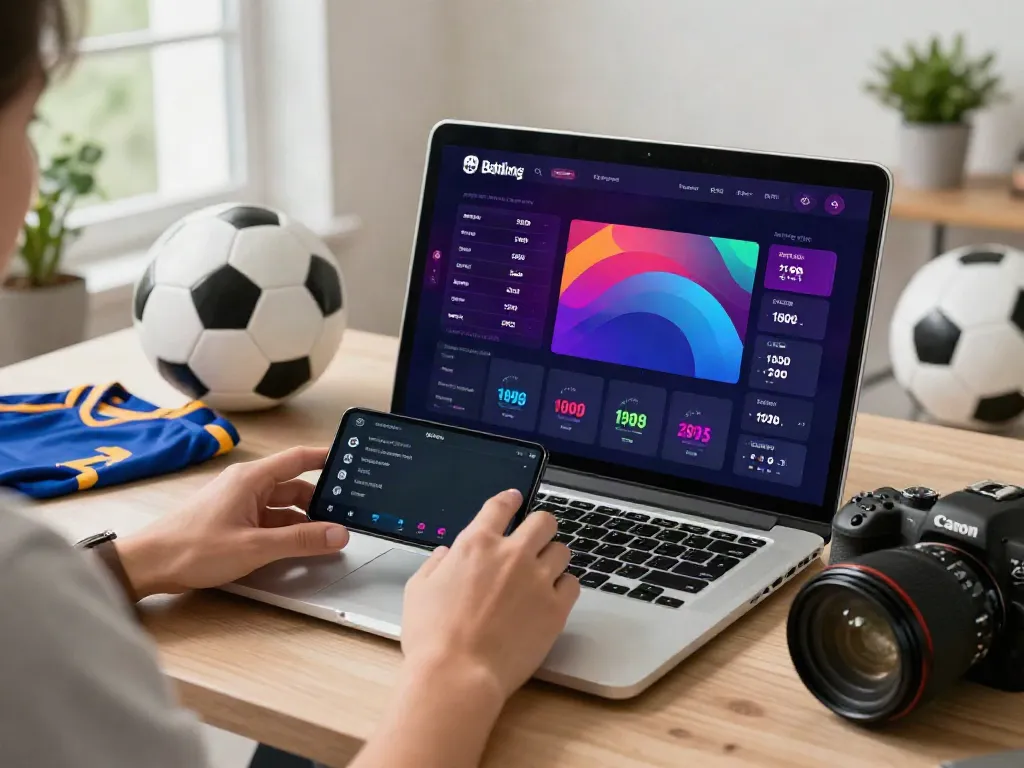 Engaged user at https://debet.gb.net/ utilizing online betting platform with sports memorabilia.