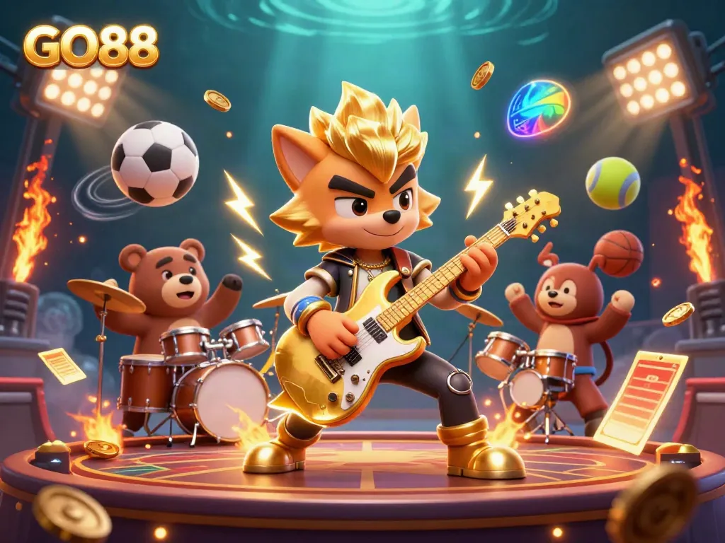 Immerse in GO88's vibrant gaming world with a rock star wolf and drummer bear electrifying the casino stage.