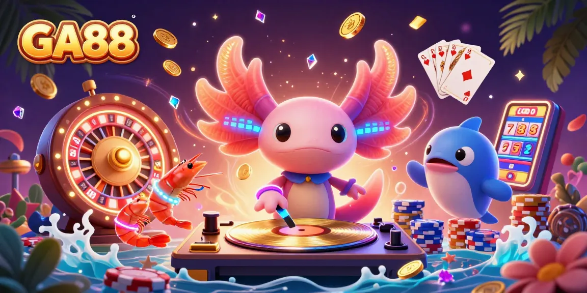 Experience GA88's lively underwater casino scene with vibrant axolotl DJ and sparkling elements.