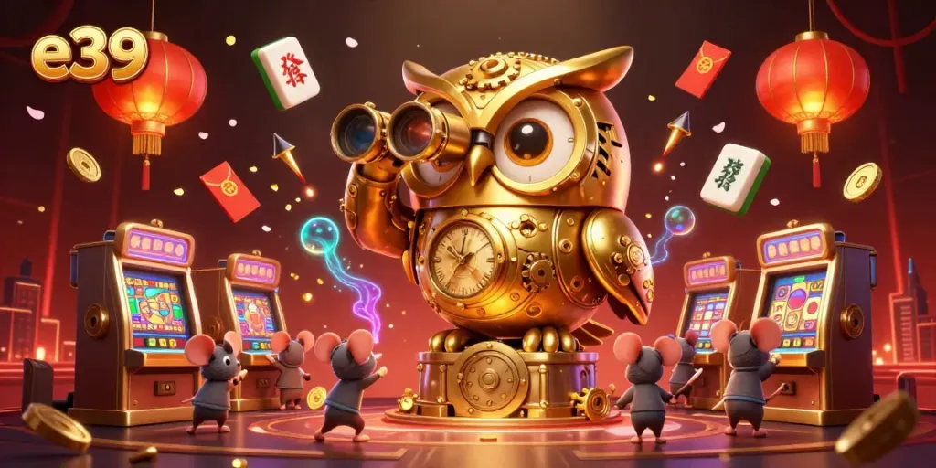 Engage with e39's vibrant online casino world featuring a golden owl and dynamic game elements.