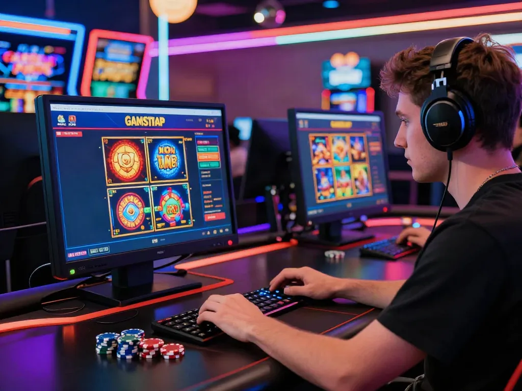 Engaged player exploring non gamstop casinos uk with vibrant gaming interface and colorful slots.