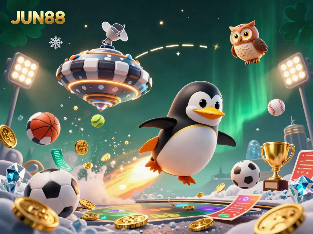 Engage in thrilling gaming with JUN88, featuring a rocket-powered penguin and sports elements in a vibrant 3D scene.