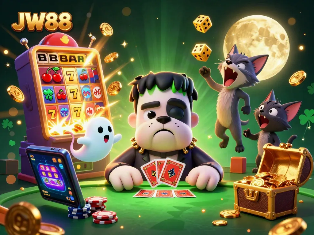Experience thrilling gaming at JW88 with dynamic characters and jackpot action in a luxurious casino setting.