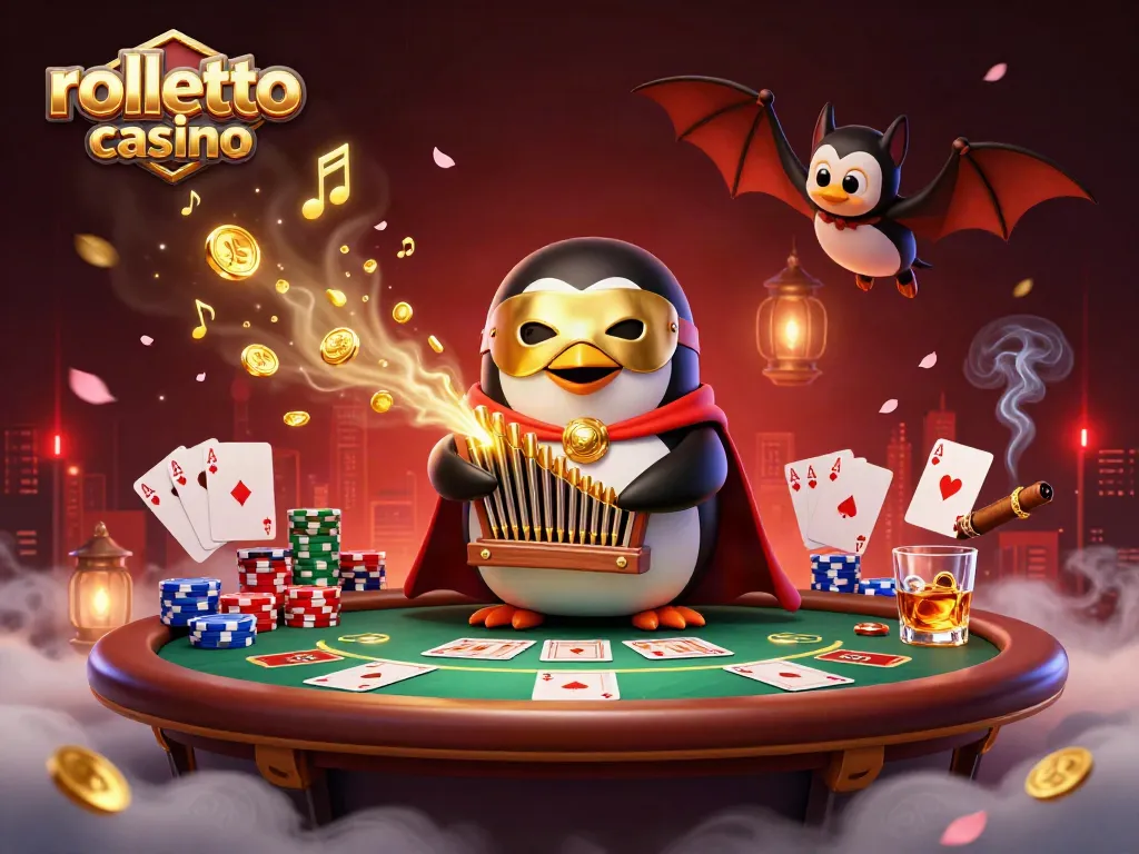 Experience the thrill of rolletto casino with a vibrant 3D scene featuring a phantom penguin and casino elements.