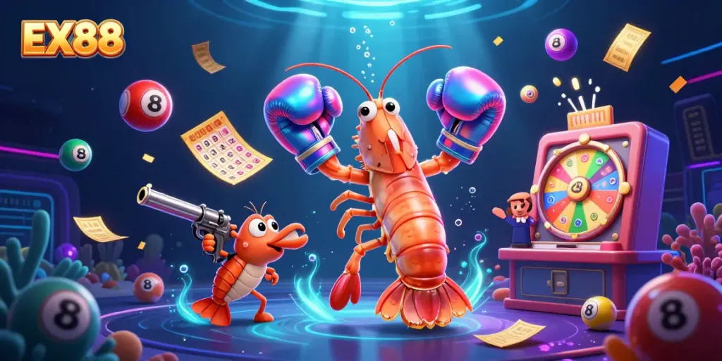Engage with EX88's vibrant gaming atmosphere featuring dynamic lottery elements and animated sea creature characters.