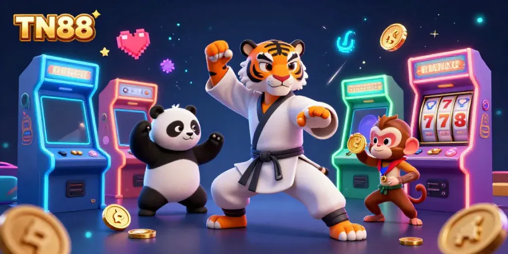 Engage in gaming excitement with TN88's colorful 3D illustrated casino scene featuring playful characters and dynamic elements.