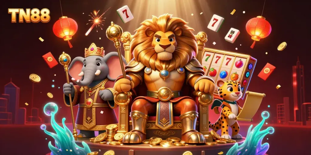 Experience wins at TN88 with a lion king on a gold coin throne amidst vibrant casino elements.