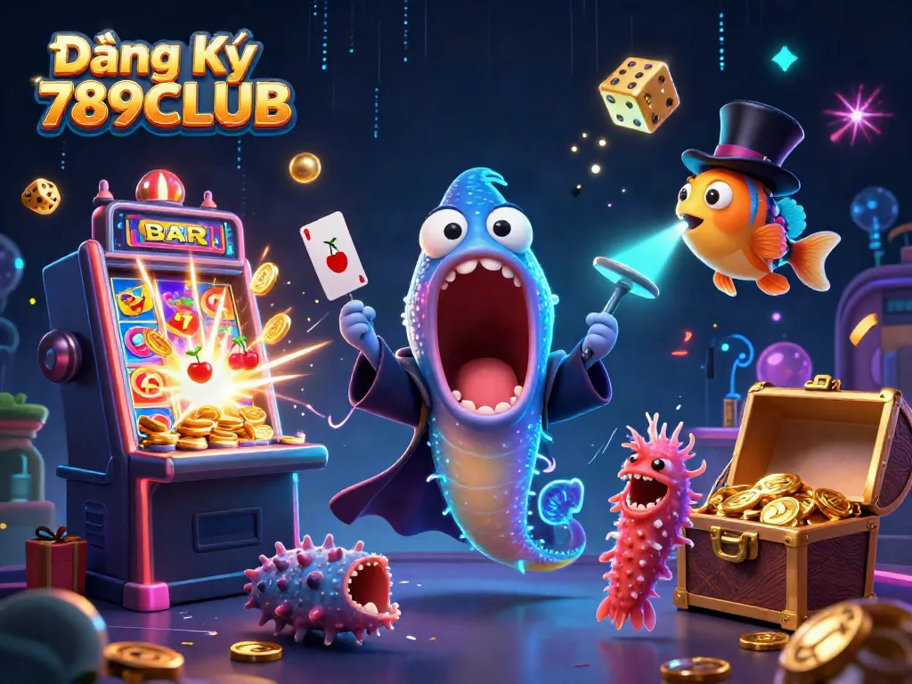 Engage in the vibrant world of Đăng Ký 789CLUB with a 3D scene of creatures bringing excitement to casino games.