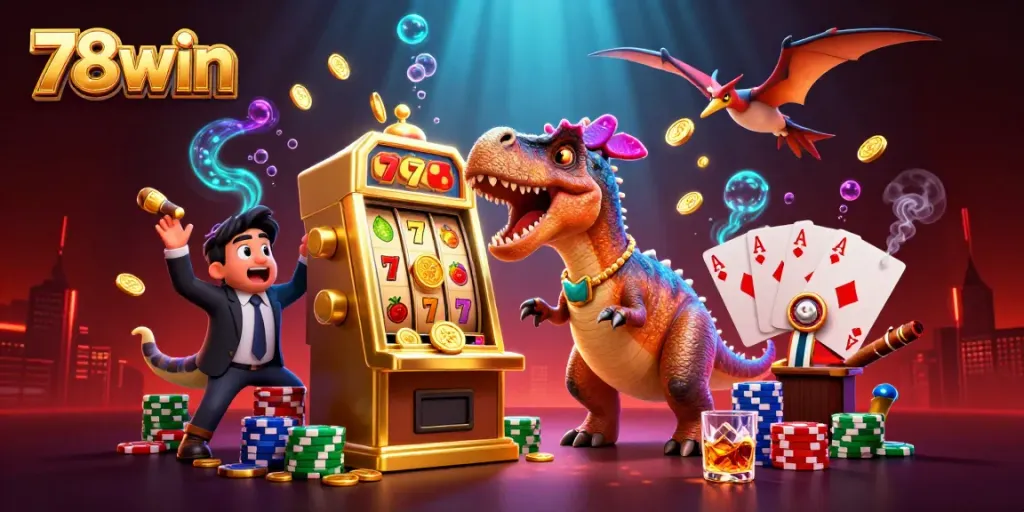 Experience the excitement of 78win as a pachycephalosaurus activates a jackpot, surrounded by coins and gaming elements.
