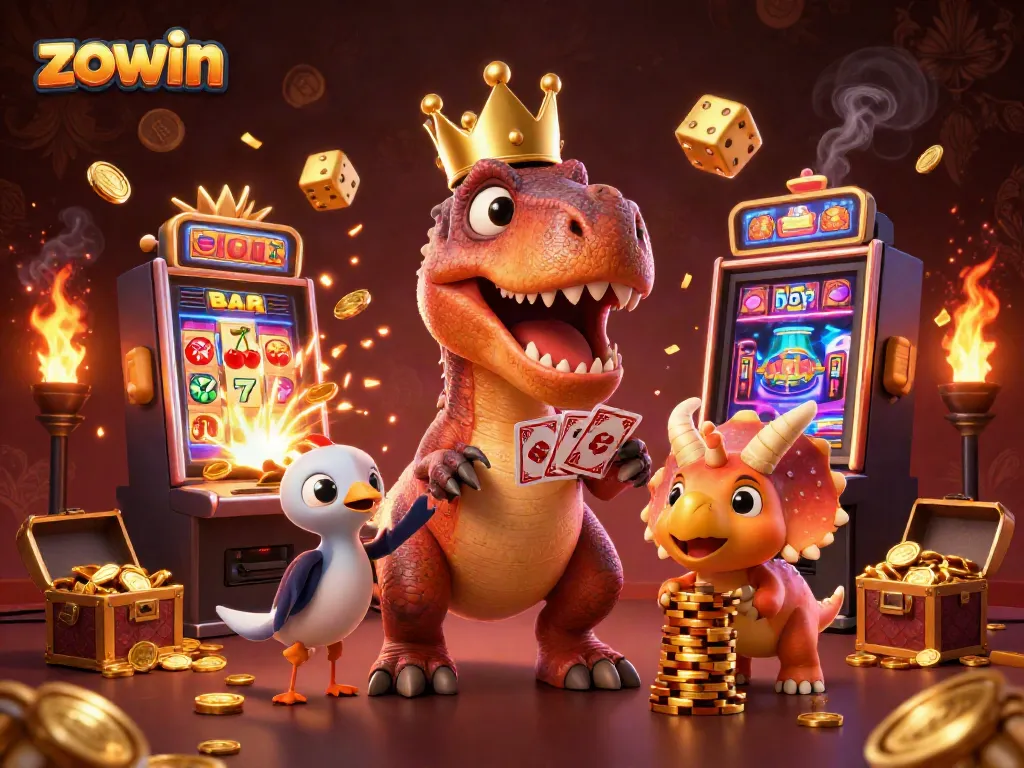 Zowin's unique casino adventure featuring a T-Rex and friends celebrating a jackpot with vibrant colors.