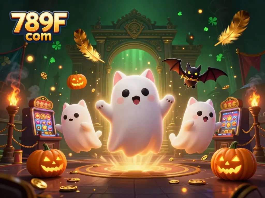 Explore the vibrant world of 789F com with a playful ghost cat and exciting casino elements.