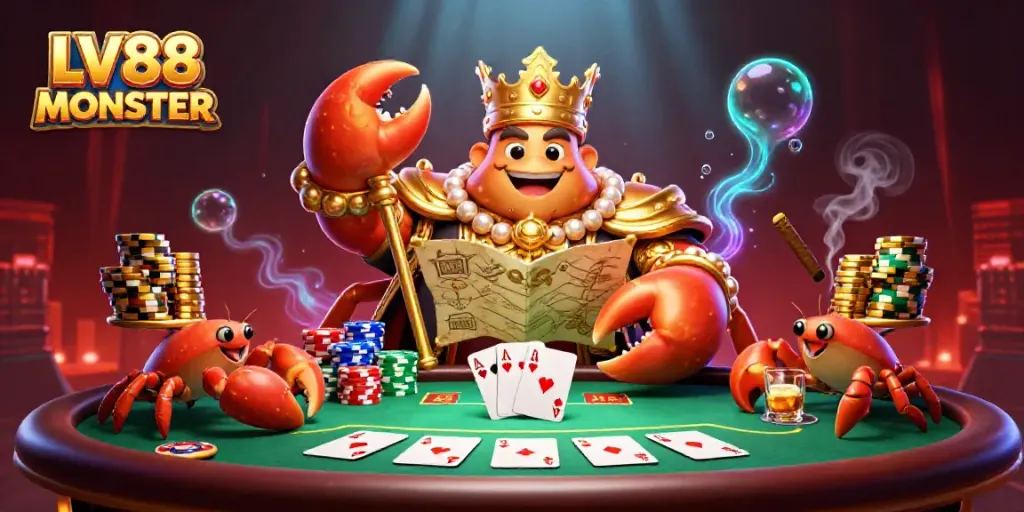 Engage in thrilling gameplay at LV88 MONSTER with a cartoon crab emperor amidst a lavish poker scene.
