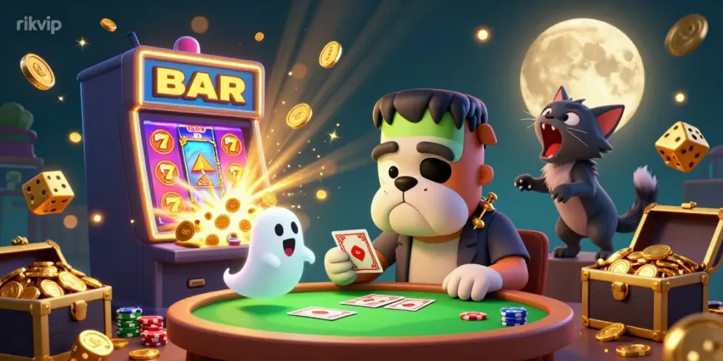 Experience thrilling gameplay with rikvip in a fun-filled casino scene featuring a cartoon bulldog dealer and animated game elements.