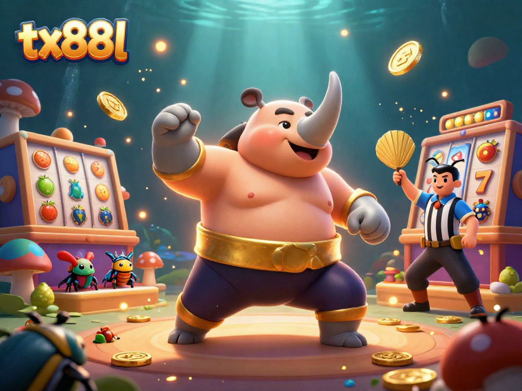 tx88l showcases a dynamic 3D illustration of a sumo beetle champion surrounded by colorful slot game elements and coins.