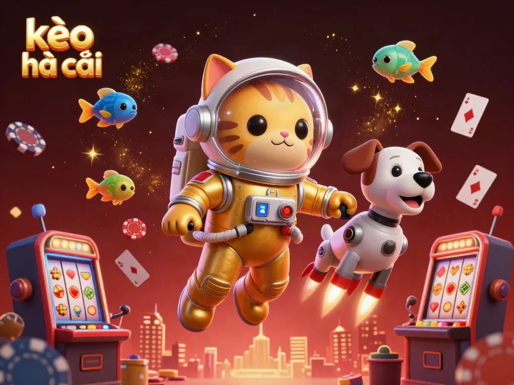 Experience kèo nhà cái thrills with the adventurous space astronaut cat and its robot dog companion amidst vibrant gambling elements.