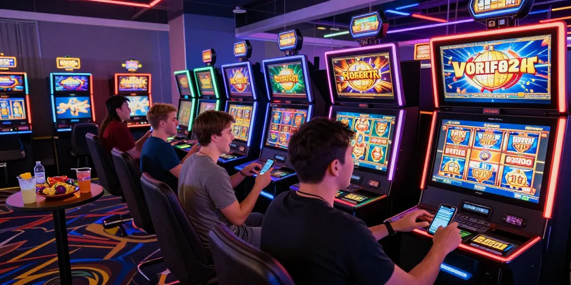 Situs slot deposit 10 ribu players engaging with colorful slot machines in vibrant gaming room.