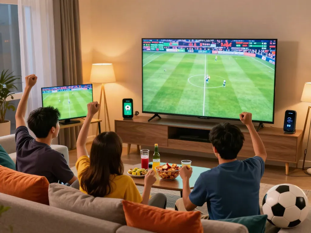 Xoilactv viewers enjoying a live HD soccer match with friends in a vibrant living room.