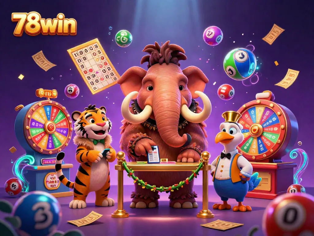 Enjoy the vibrant lottery experience at 78win with our cartoon characters celebrating various games.