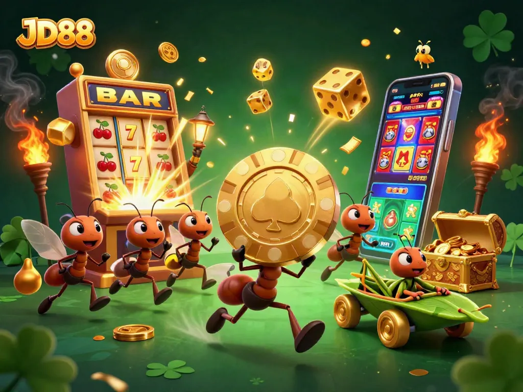 Join the JD88 adventure with ants on a heist amidst a vibrant casino explosion.