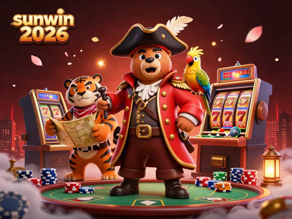 Engage with thrilling action at sunwin 2026, featuring a pirate bear and tiger at a vibrant casino scene.