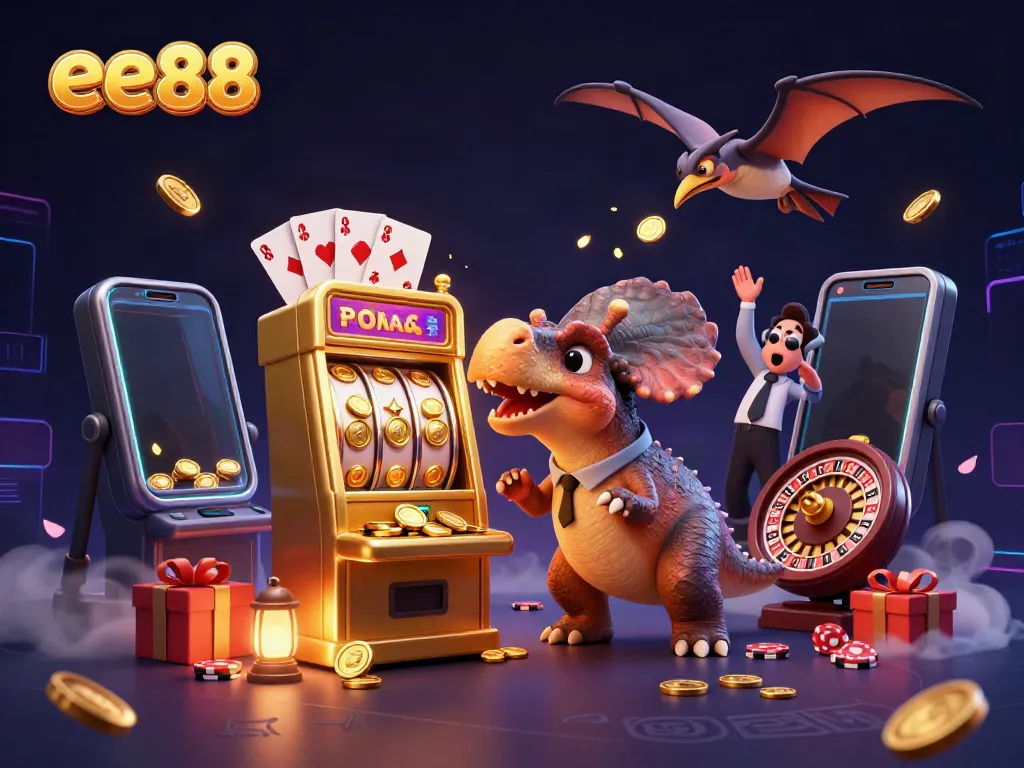 Engage with the thrilling ee88 casino experience as cartoon dinosaurs celebrate a jackpot.
