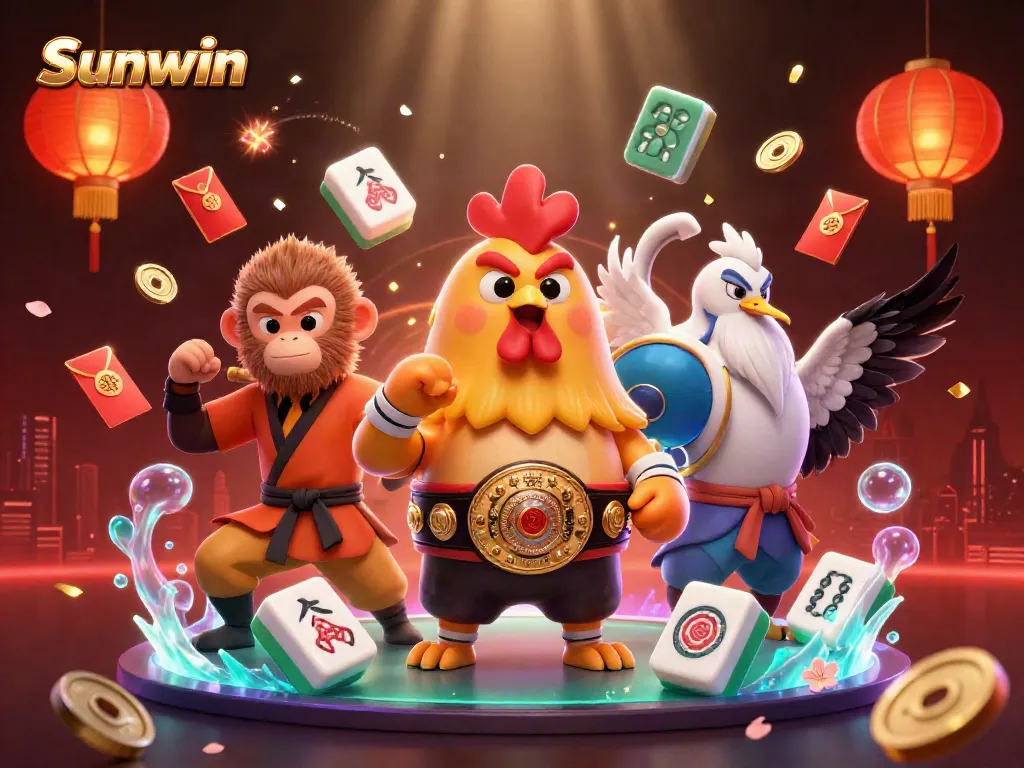 Engage with the vibrant action of Sunwin's thrilling casino scene featuring dynamic martial arts characters and festive game elements.