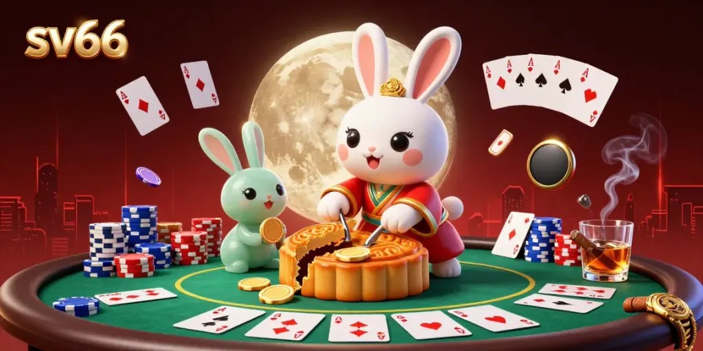 Engage in sv66 casino gaming while enjoying golden mooncakes revealing poker chips.