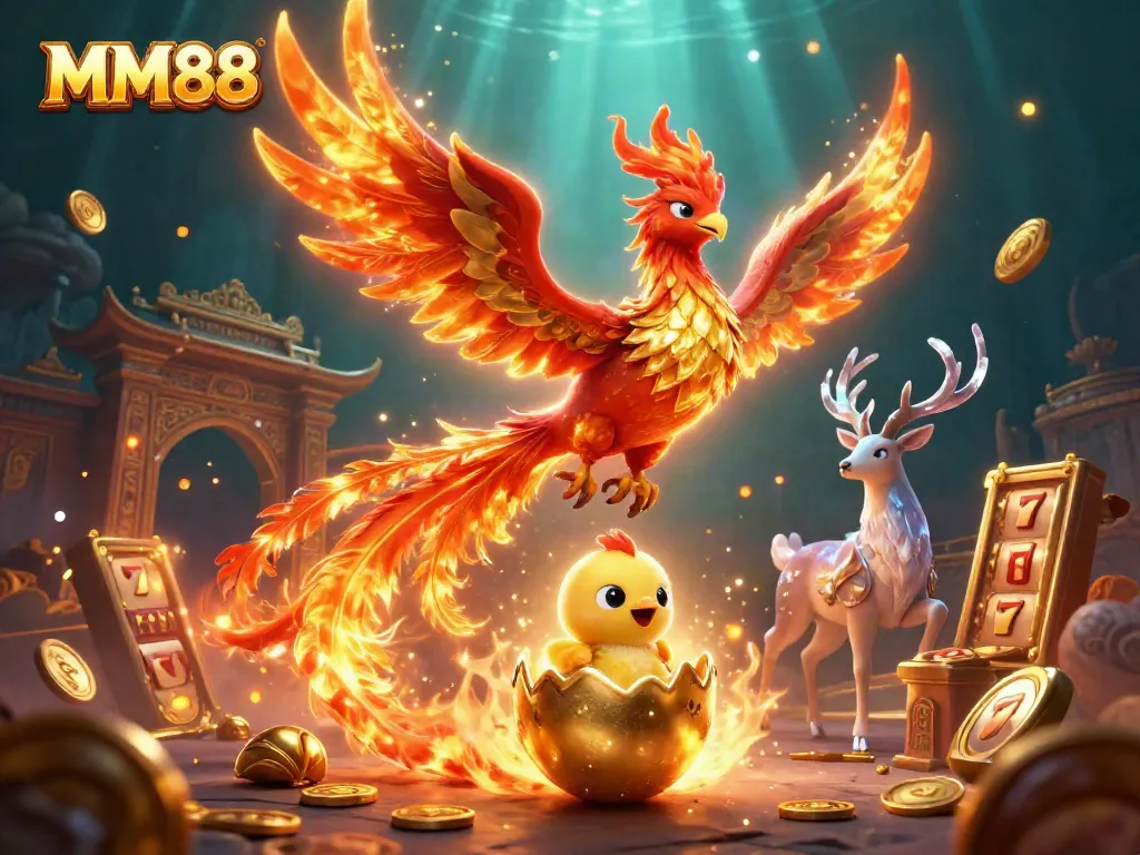 Experience epic gaming with MM88 featuring vibrant phoenixes and slot elements.