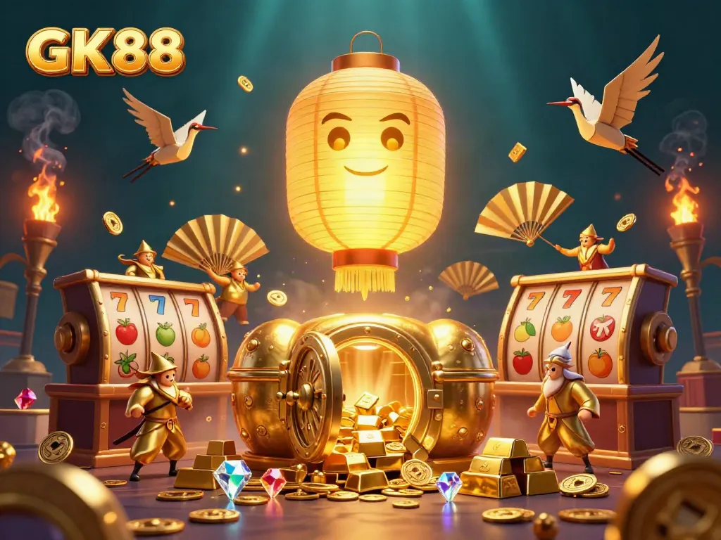 Engage in high-stakes gaming at GK88 Casino with vibrant characters and treasures.