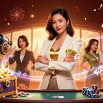 Win big at AV88 with a powerful businesswoman holding cards amidst casino excitement.