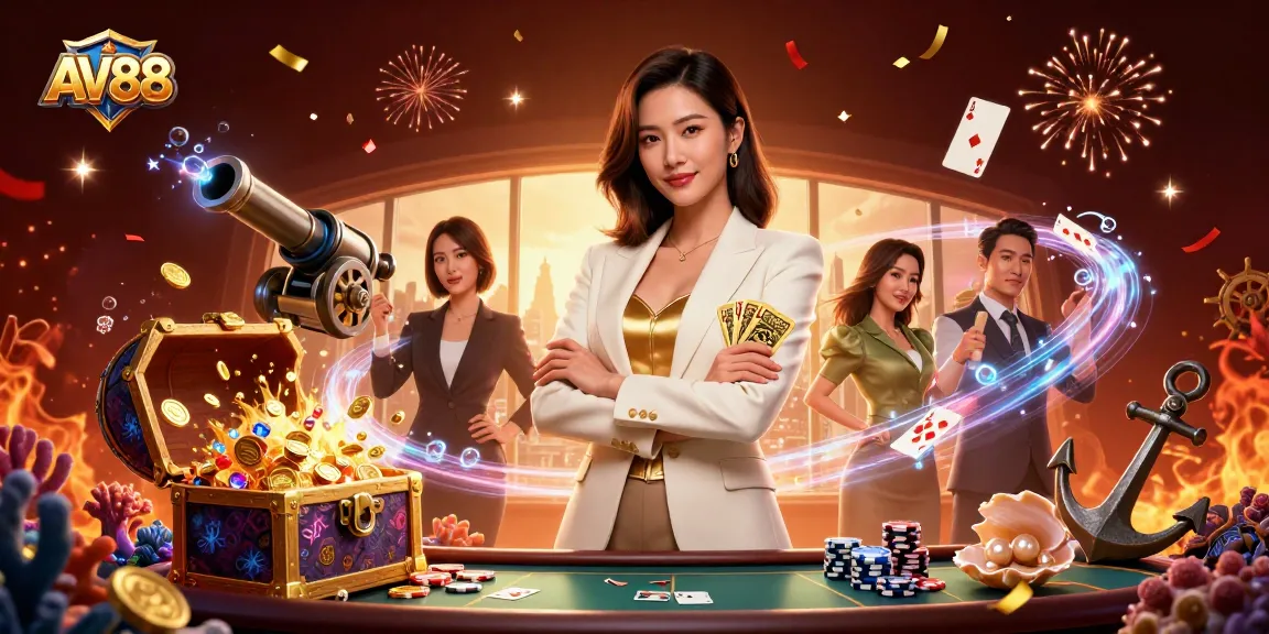 Win big at AV88 with a powerful businesswoman holding cards amidst casino excitement.