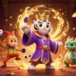 Alo 789 features a regal white tiger and jester monkey amidst vibrant casino elements, creating an engaging atmosphere.