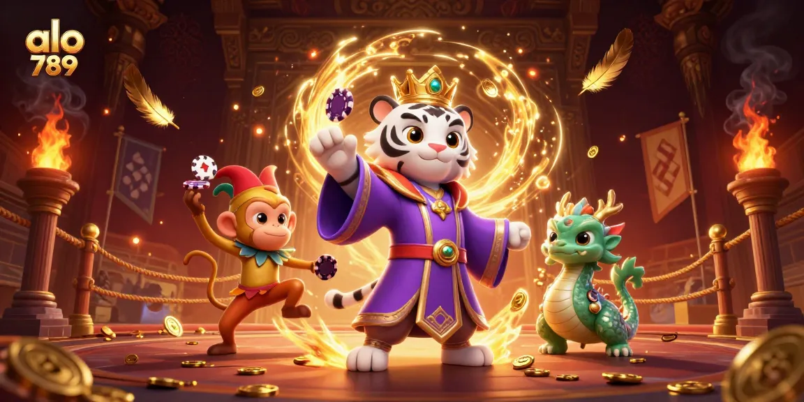 Alo 789 features a regal white tiger and jester monkey amidst vibrant casino elements, creating an engaging atmosphere.