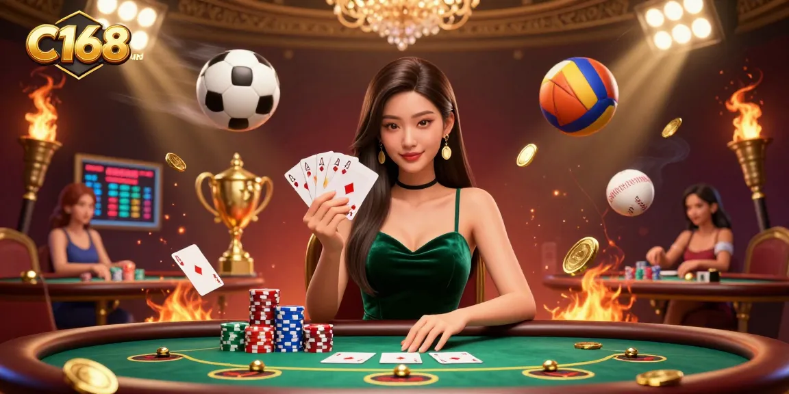 Engage with C168 url and see a stunning Asian woman at a poker table demonstrating strategic gameplay