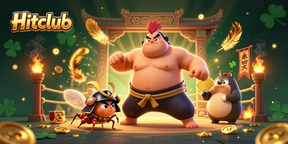 Hitclub unleashes thrilling action with a dynamic casino scene featuring a powerful sumo rooster and fierce combatants.