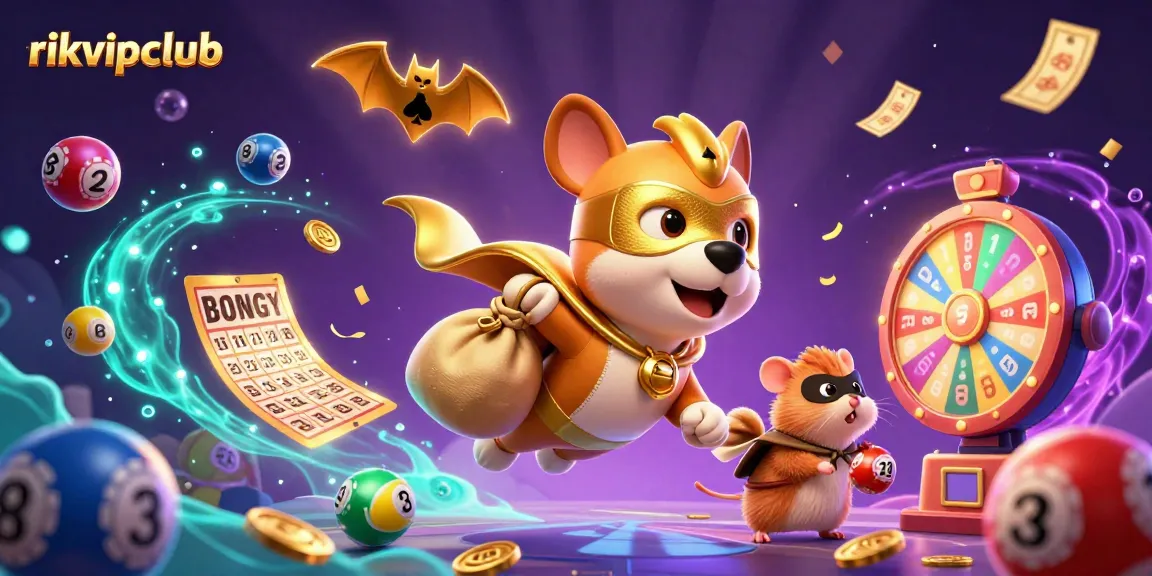 Join rikvipclub's thrilling adventure as the superhero dog and hamster chase fortune in this vibrant casino scene.