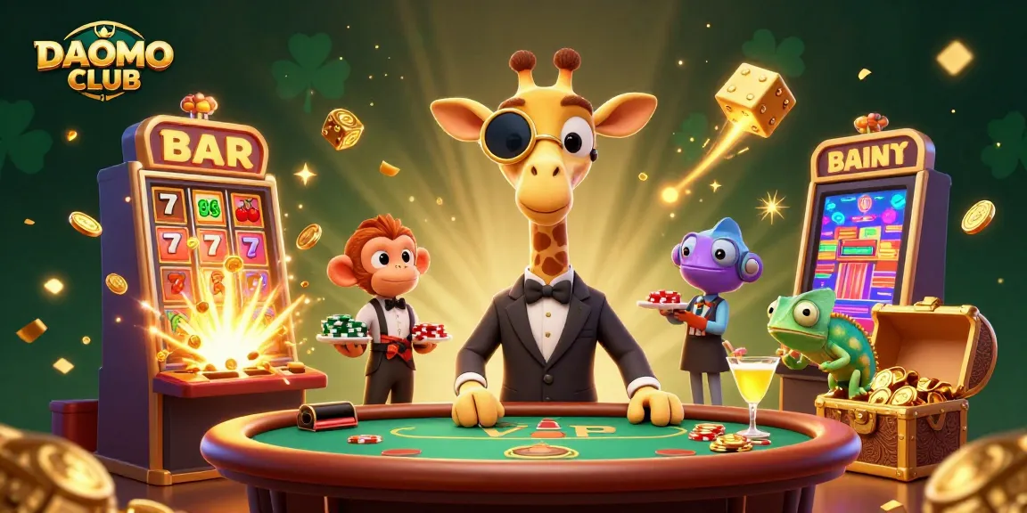 Betting at DAOMO CLUB, a high-roller giraffe plays poker amidst exploding slot machines and vibrant casino elements.