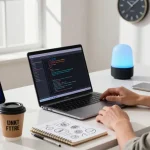 Professional using an AI laptop in a modern tech workspace with coding software and smart home devices.