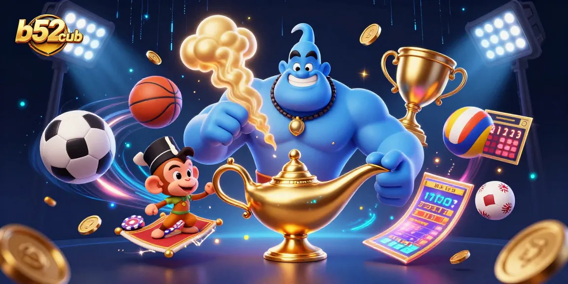Experience thrilling magic at b52club with genies and poker chips in a vibrant casino scene.