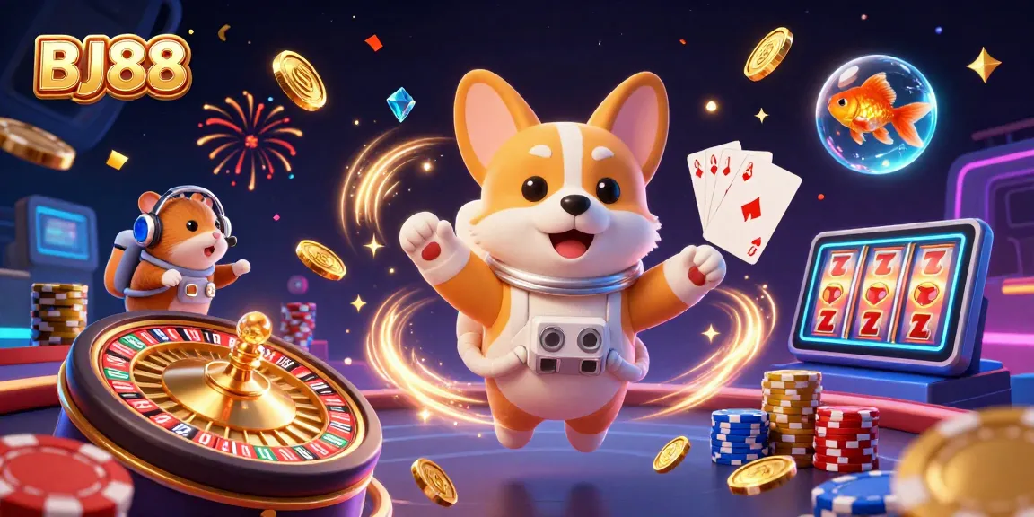 BJ88 gameplay scene featuring 3D cartoon characters in a dynamic space casino setting with floating coins and cards.