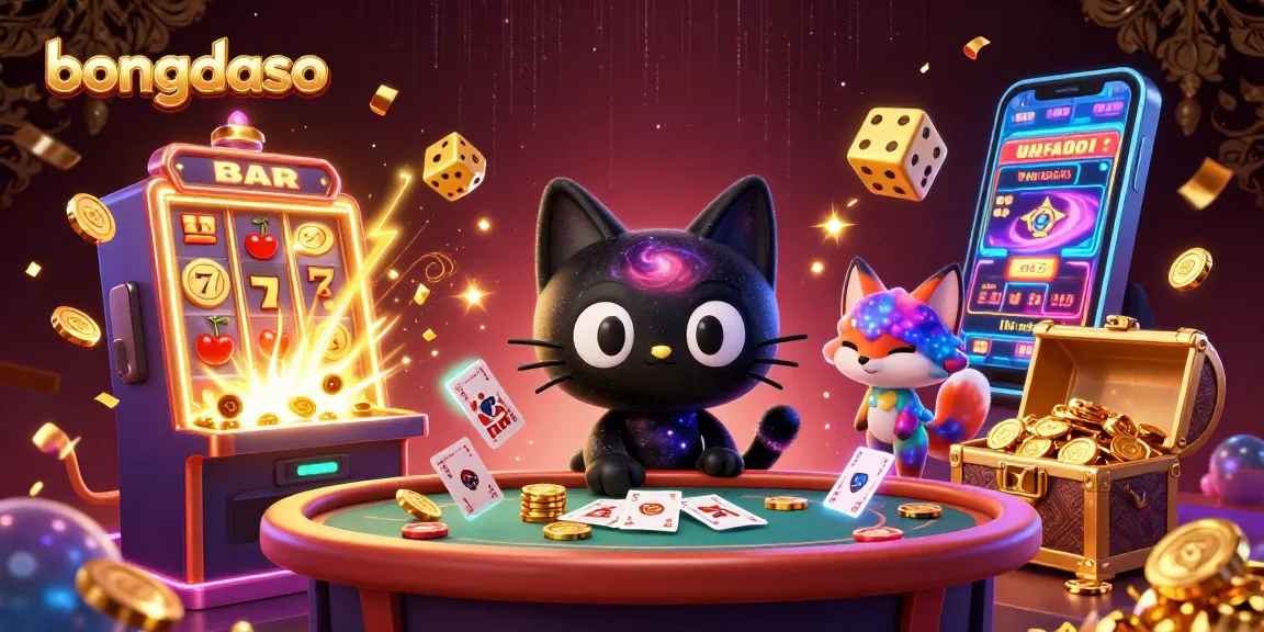 Bongdaso attracts players with a cosmic casino scene featuring vibrant slots and animated golden chips.