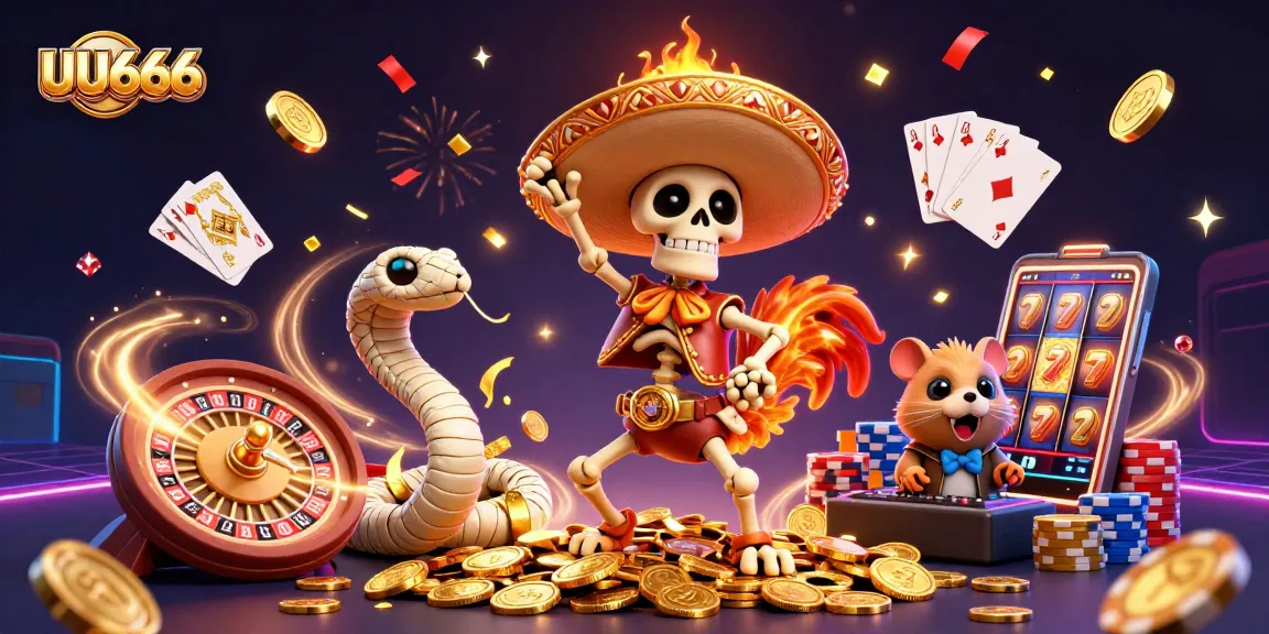 Engage with UU666 in a vibrant 3D casino scene featuring a mariachi rooster, mummy snake, and DJ hamster celebrating with coins and slots.
