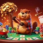 xóc đĩa 88 action scene with a beaver, bird, and squirrel collecting coins and poker elements